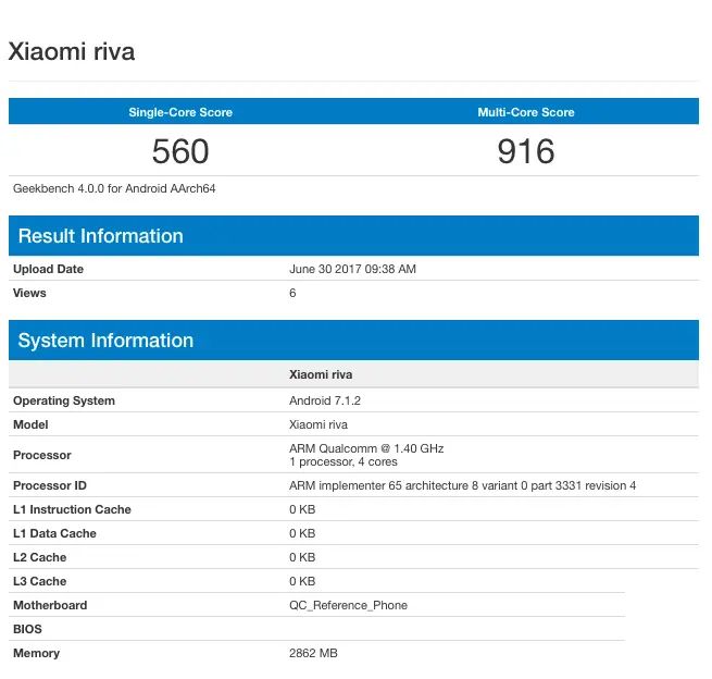 小米Riva在Geekbench曝光，透露初階規格