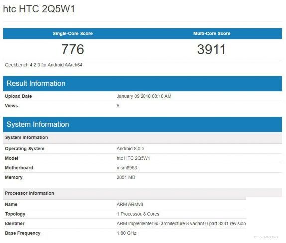 HTC智慧型手機搭載Snapdragon 625處理器出現於效能評比測試中