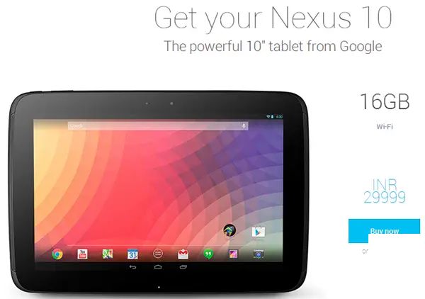 Google Nexus 10 16 GB 一年後售價為29,999印度盧比